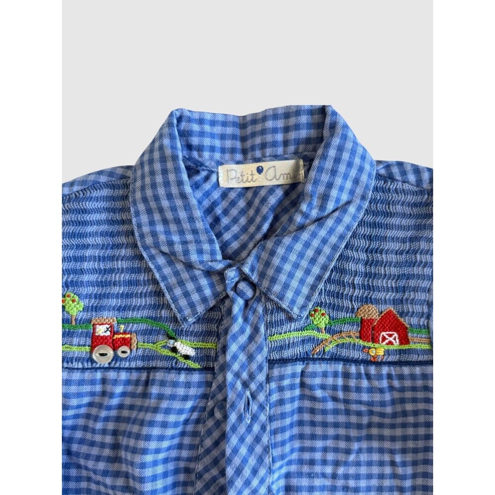 Petit Ami Boys Smocked Farm Shirt 3T Blue Gingham Embroidered Tractor Barn